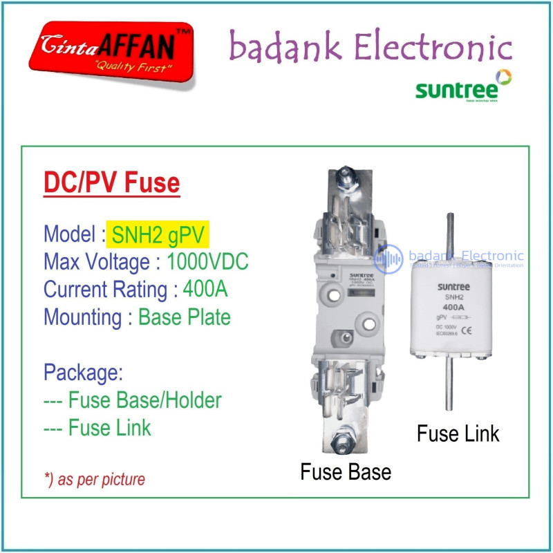 400A - SUNTREE SNH2 gPV 1P 1000V DC Fuse Base/Holder  Fuse Link PV
